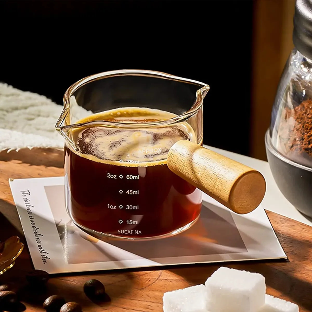 1pc Glas Messbecher Holz Griff Glas Espresso Messbecher Doppel Einzigen Mund Milch Kaffee Klar Becher Kaffee Liefert