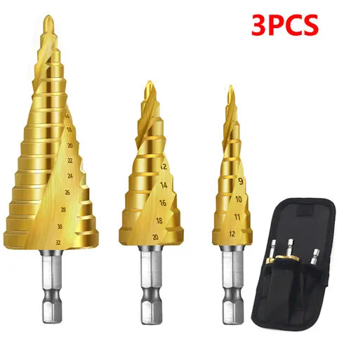 3pcs HSS Titanium-Coated Spiral Groove Step Drill Bit 4-12 4-20 4-32 Power Tool Step Drill Bit Set Metal Multi-Hole Cone Drill Bit