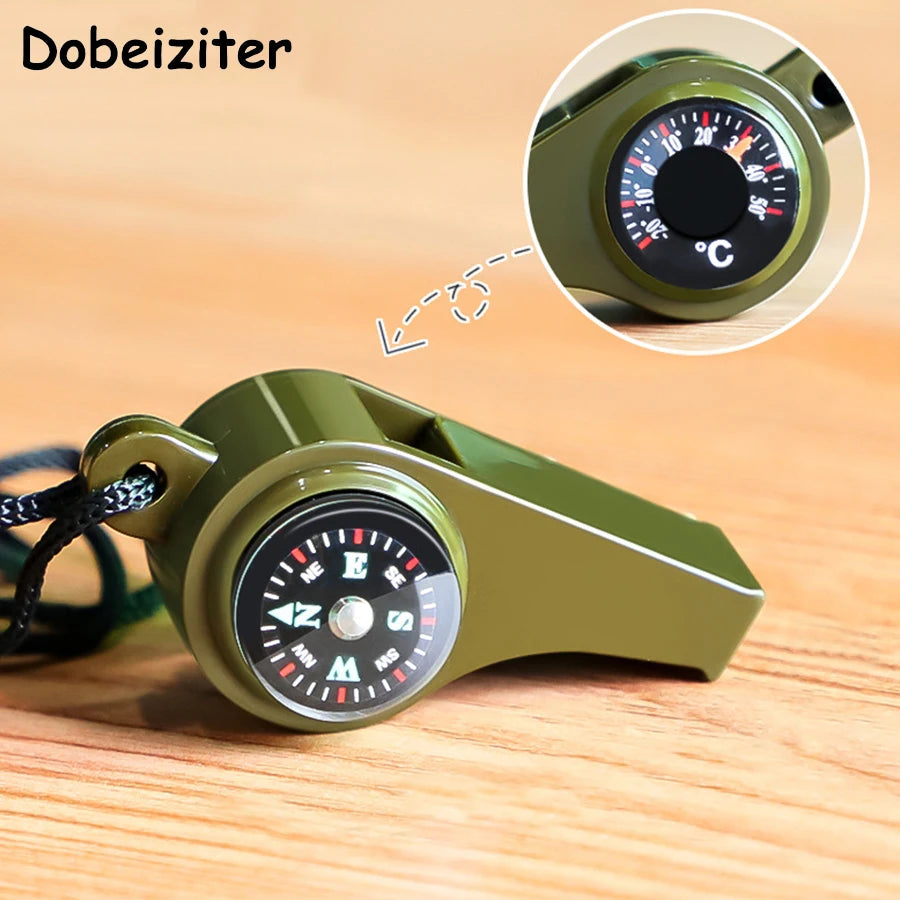 Notfall-Rettungspfeife mit hohem Dezibelwert, Kompass, Thermometer und Schlüsselanhänger, Camping, Wandern und Outdoor-Aktivitäten