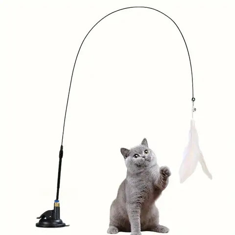 Cat Teaser Toy - Interactive Bell & Feather Wand - Long Suction Cup Tang for Exciting Playtime Adventures - Ultimate Cat Toy