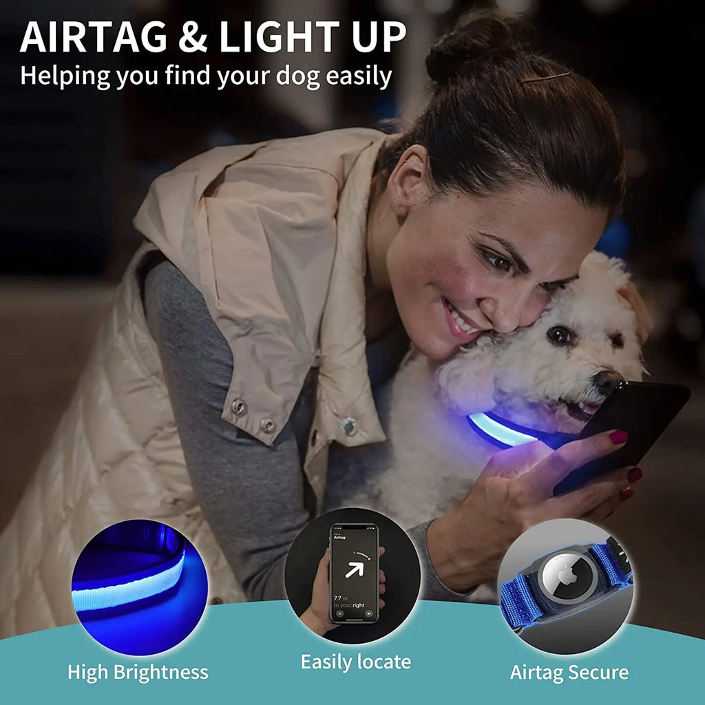 Waterproof LED Dog Collar with AirTag Holder – USB Rechargeable Light-Up Collar