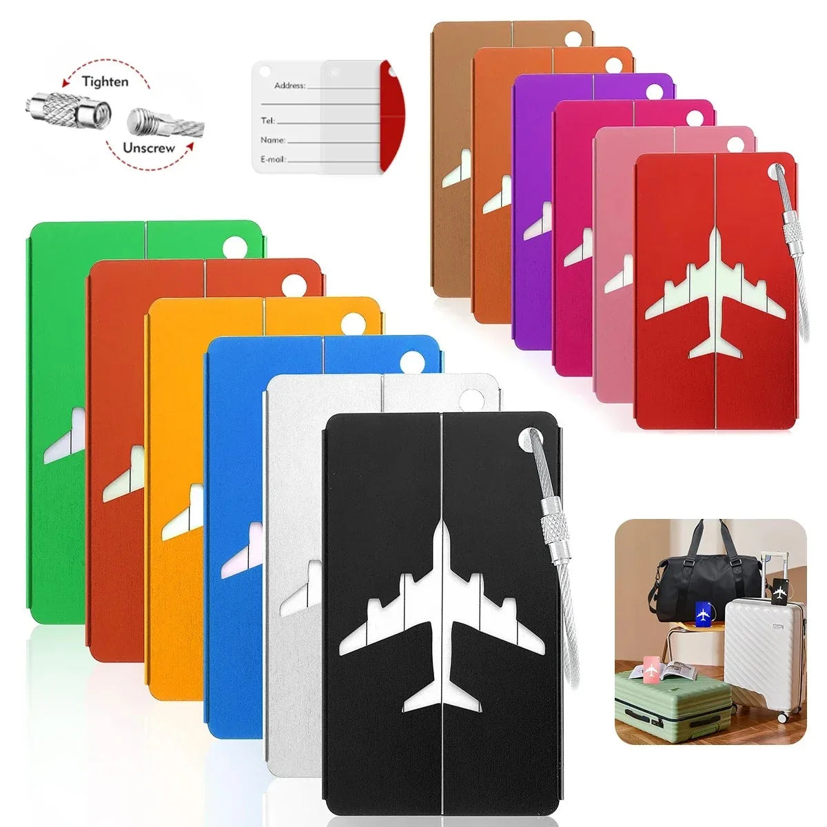 Aluminum Alloy Airplane Luggage Tag with Name Travel Luggage Tag ID Card Anti Lost Solid Color Travel Accessories
