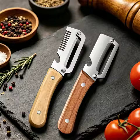Stainless steel kitchen peeler with wooden handle for peeling and cutting fruits and vegetables kitchen tool