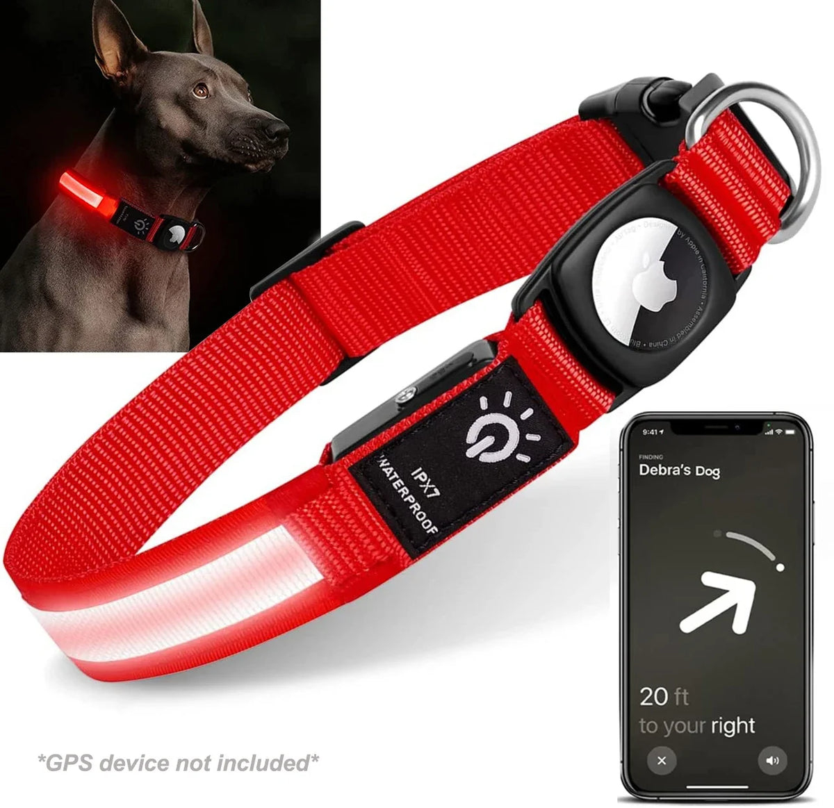 Waterproof LED Dog Collar with AirTag Holder – USB Rechargeable Light-Up Collar