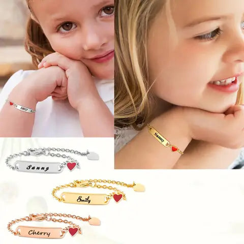 Customized heart bracelet for little girl boy, engravable ID name bracelet, personalized birthday gift of stainless steel chain
