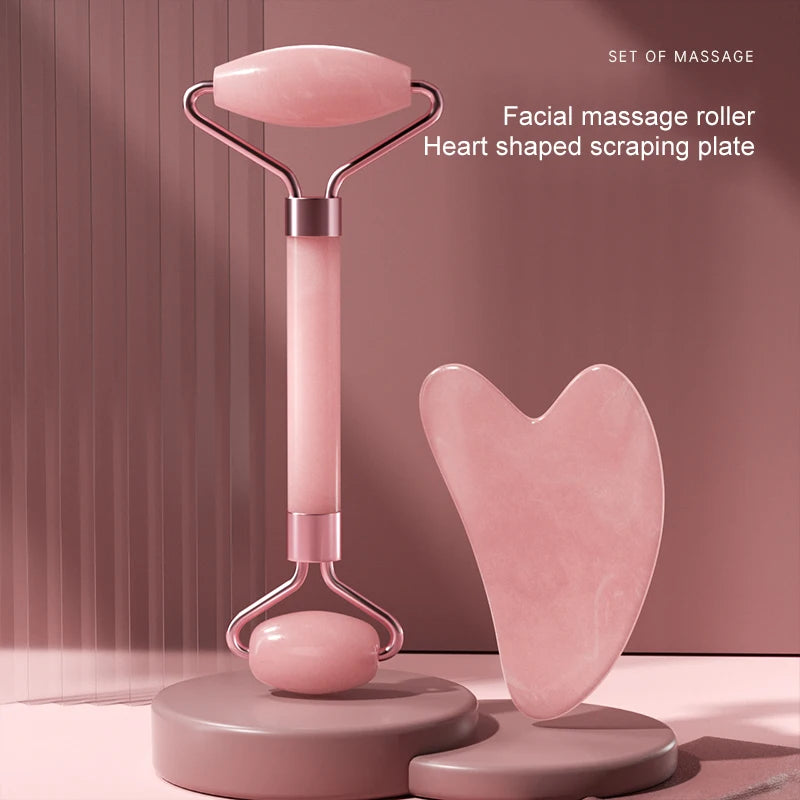 Double Sided Facial Massage Set with Heart Shaped Gua Sha Board and Skin Firming Anti-Swelling Puffiness Reducer for Home Spa Care
