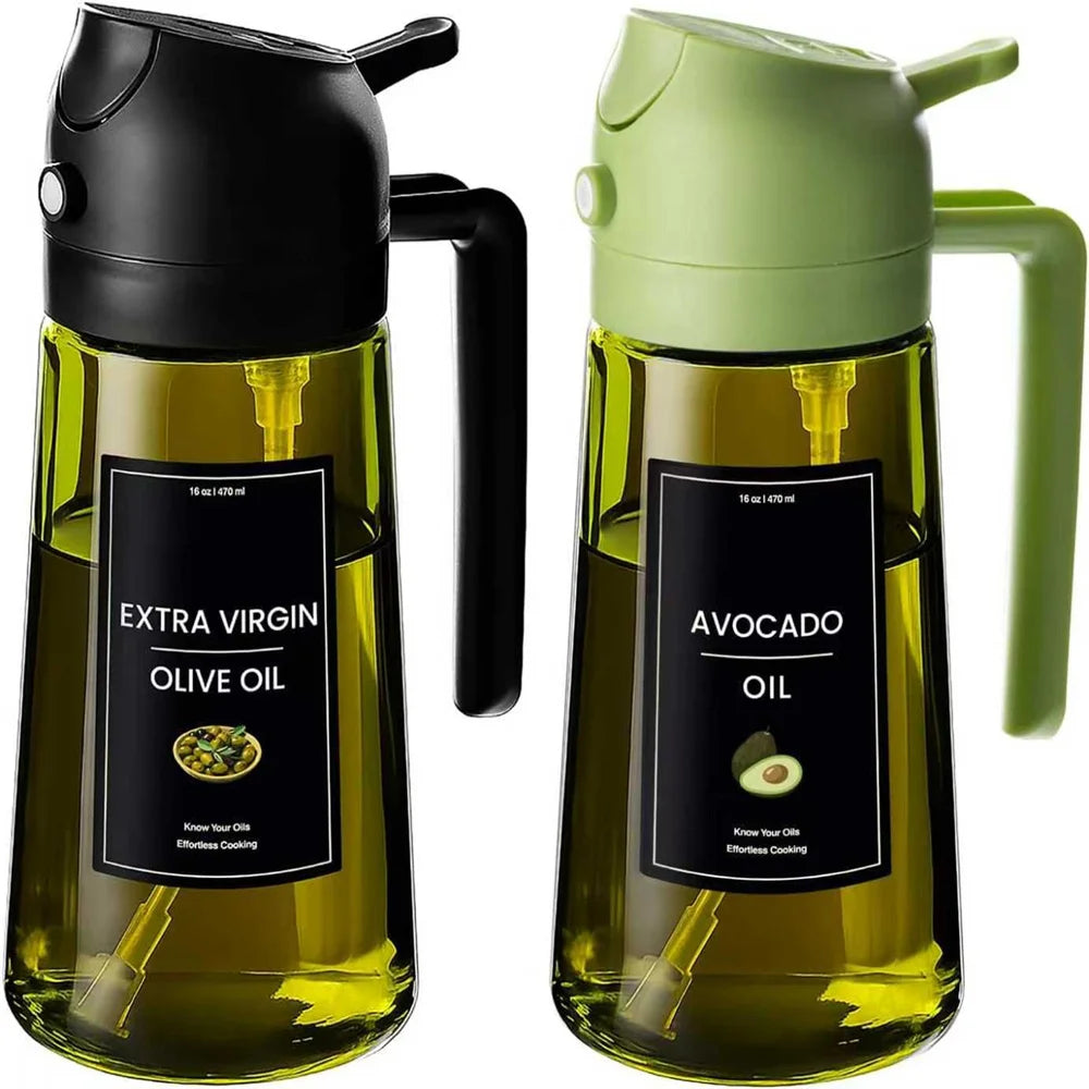 Olive Oil Dispenser, Cooking Sprayer, 2 in 1 Spray and Pour, Dark Green Glass Oil Bottle with Stickers, 16oz 470ml Oil Sprayer