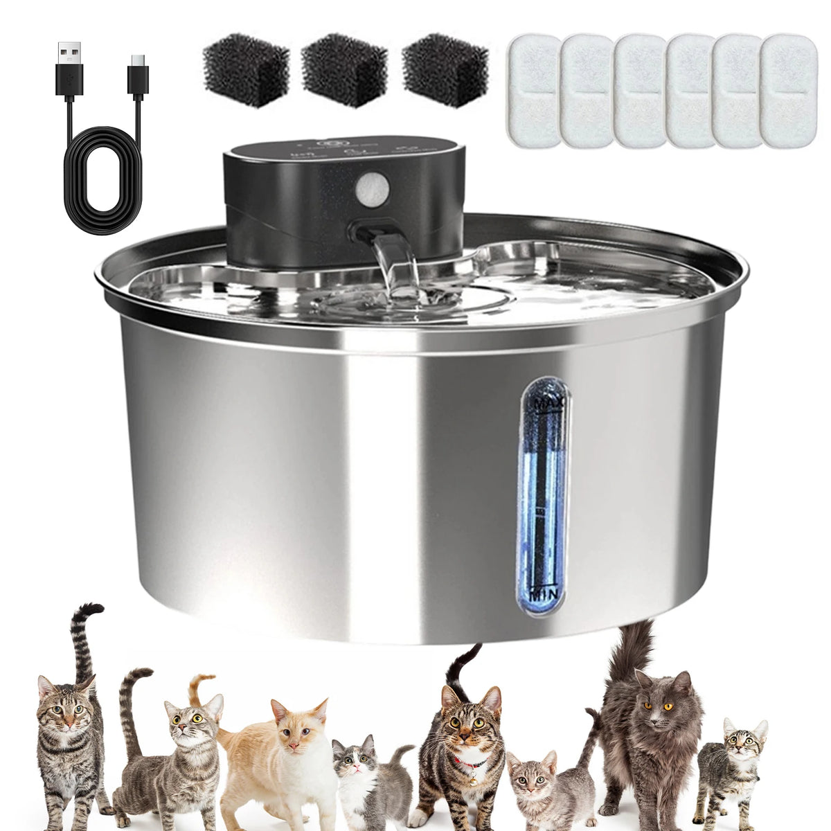 3.2L Pet Drinking Fountain with Multi-Layer Filtration, Stainless Steel Bowl for Cats and Dogs, Quiet Circulation Pump, ABS for Fresh Drinking Water