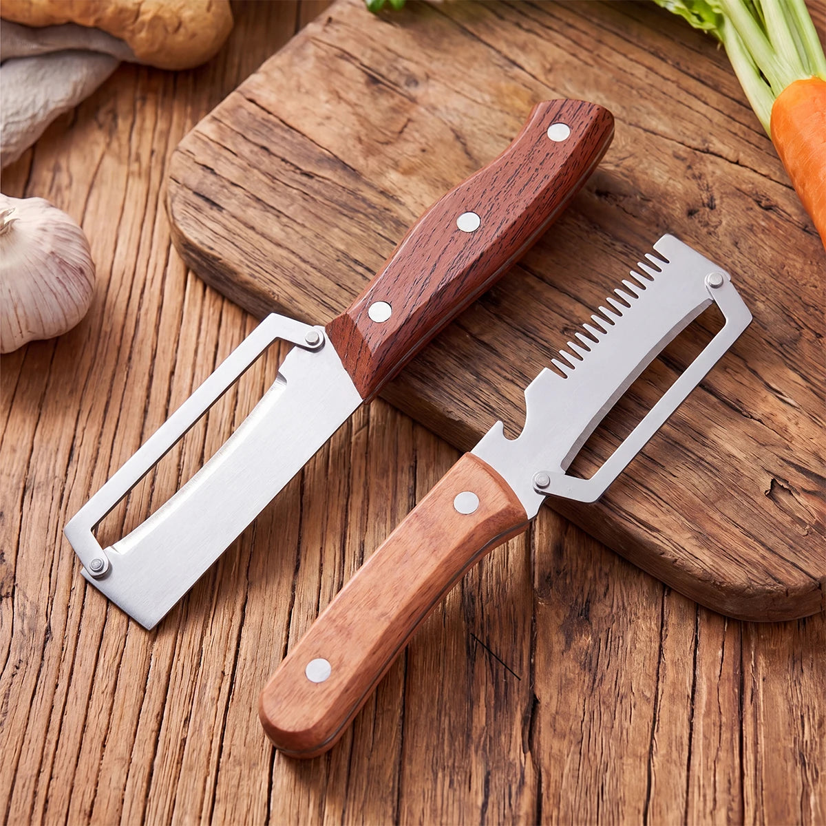 Stainless Steel Vegetable Peeler with Wooden Handle 3-in-1 Fruit and Potato Peeler with Bottle Opener Kitchen Peeling Tools