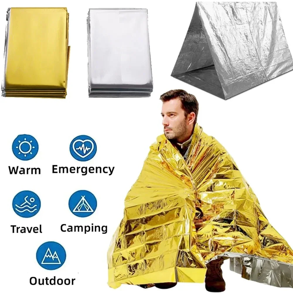 Emergency Thermal Poncho Blanket Lightweight Foldable Water Resistant Windproof Sun Protection Reusable First Aid Camping Mat Pad Cover