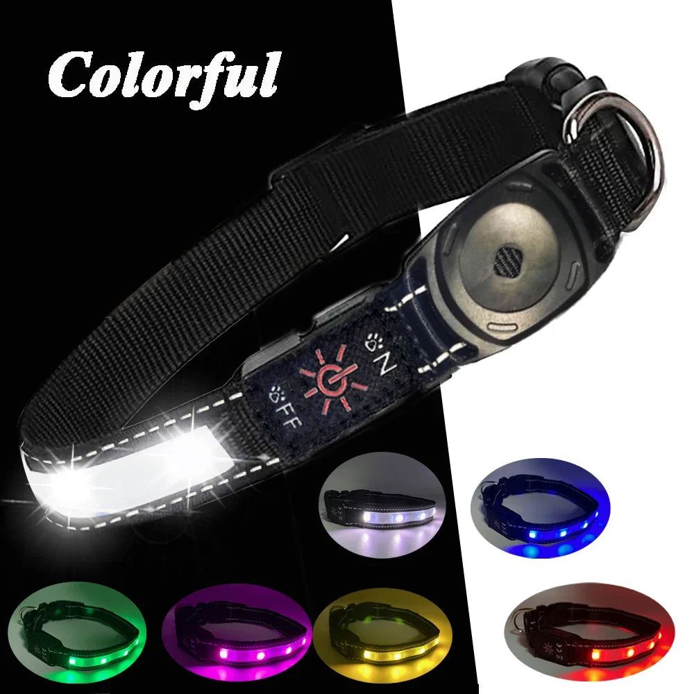 Waterproof LED Dog Collar with AirTag Holder – USB Rechargeable Light-Up Collar