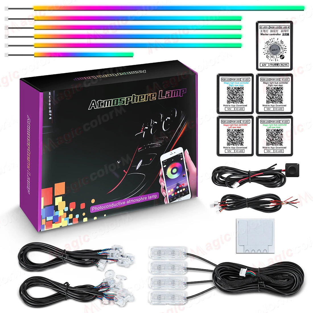 18 in 1 LED Car Ambient Lights 213 64 Colors RGB Symphony Streamer Bluetooth Rainbow Interior Acrylic Strip Atmosphere Lamp Set