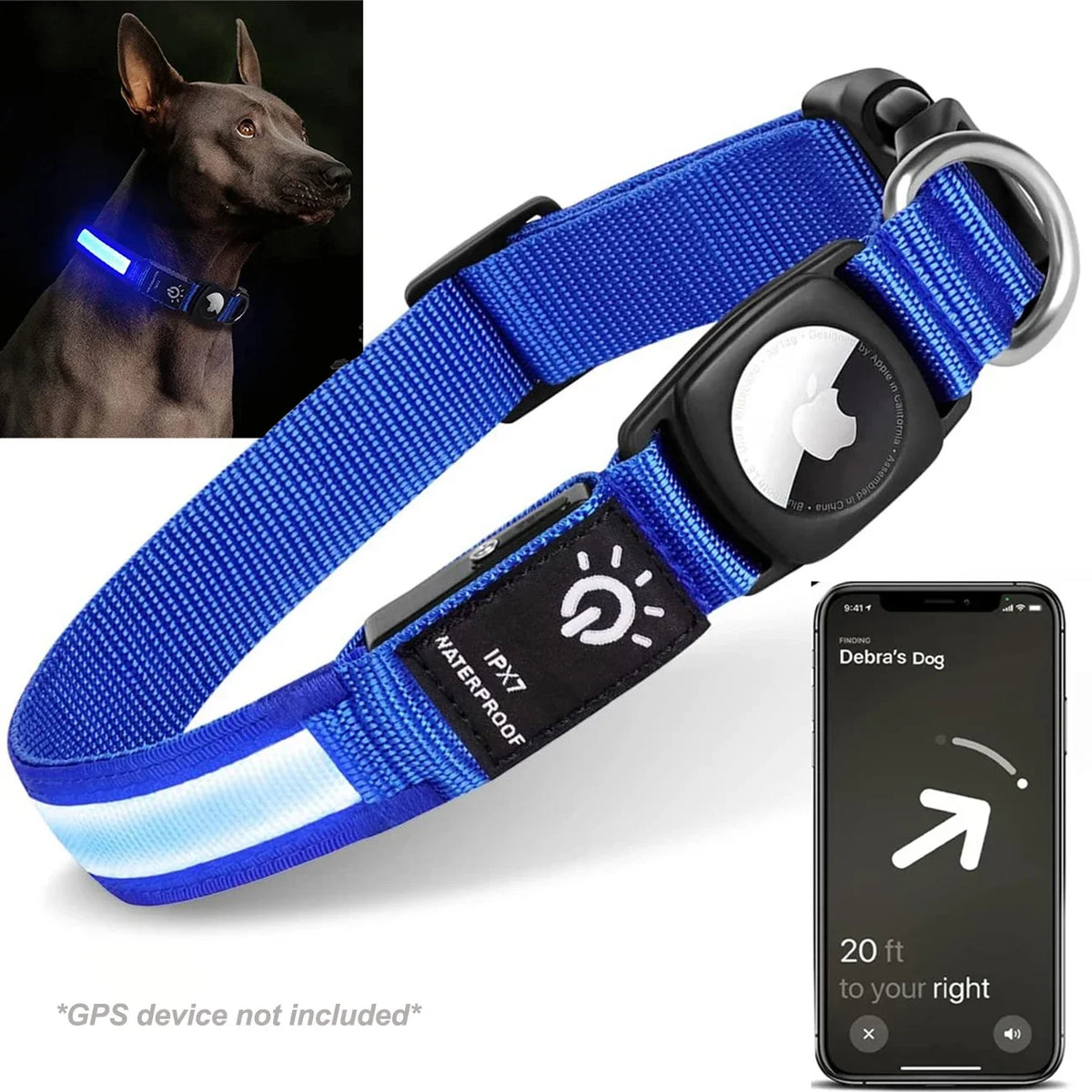 Waterproof LED Dog Collar with AirTag Holder – USB Rechargeable Light-Up Collar