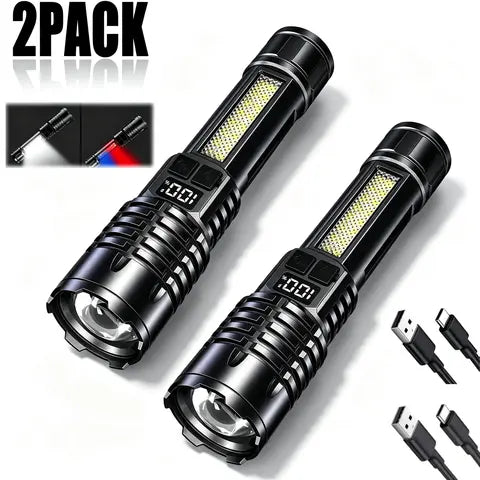 Hochleistungs-LED-Taschenlampe, tragbare Zoom-Taschenlampe, wiederaufladbar, wasserdicht, Typ C, mit COB-Seitenlampe für Outdoor-Camping und Wandern