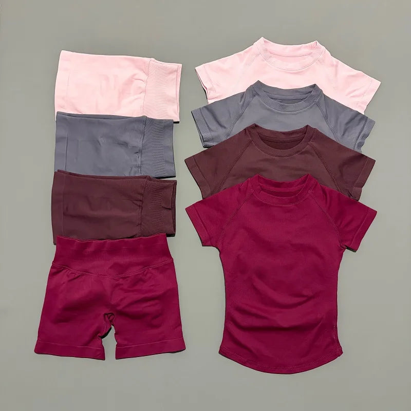 HISTELLO 2 Piece Sports Set Short Sleeve Seamless Yoga Top Fitness Set for Women Workout Running Sports Shorts Leotard