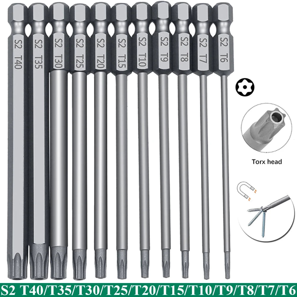 11 pcs torx security bit set s2 steel magnetic security screws driver set 50/100mm star screws driver set for shark vacuum T6-T40