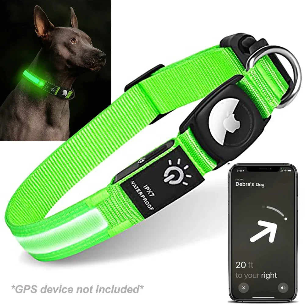 Waterproof LED Dog Collar with AirTag Holder – USB Rechargeable Light-Up Collar