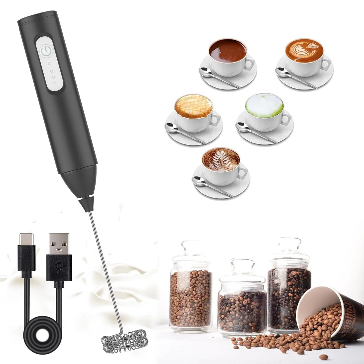 MINI Milk Frother, USB Rechargeable, 3 Speeds, Foam Maker, Coffee Whisk, Mixer, Electric Handle, Mixer, Whisk