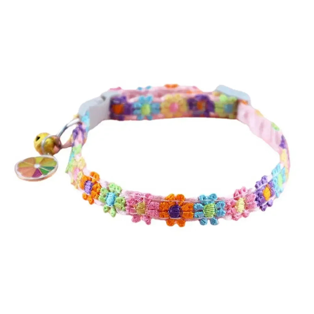 Fashion Rainbow Flower Cat Collar with Bell Kitten Puppy Necklace Adjustable Buckle Colorful Lace Kitten Collar Dog Accessories