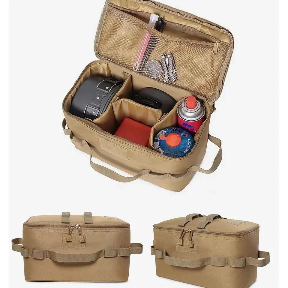Outdoor-Camping-Aufbewahrungstasche mit großem Fassungsvermögen – Werkzeugtasche mit Erdnägeln und Picknick-Kochgeschirr-Utensilien-Set, Gaskanister-Organizer