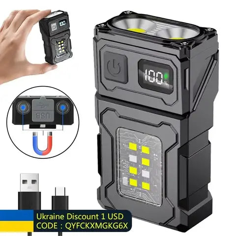 MINI USB rechargeable LED flashlight, portable flashlight with magnet at the end, super bright camping lantern, side COB emergency light