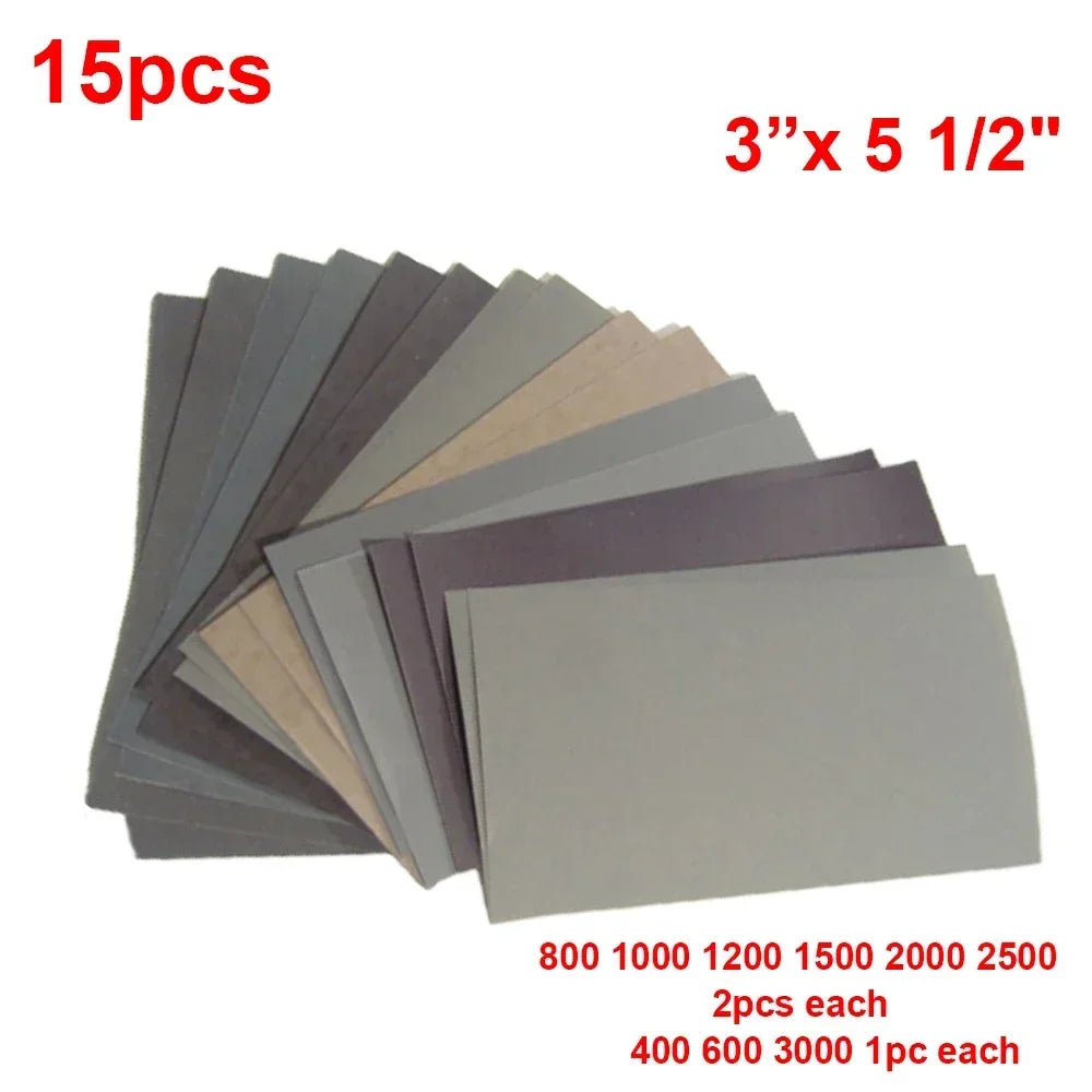 15 piece sandpaper assortment, grit 400-3000, wet and dry use, sanding sheets for polishing and precise surface sanding work