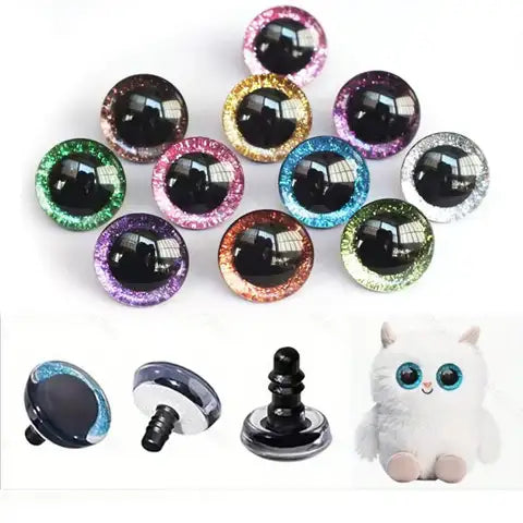 20 Stück 9–40 mm 3D-Sicherheitsspielzeugaugen + glitzernde Vliesstoffe – können Größe und Farbe wählen