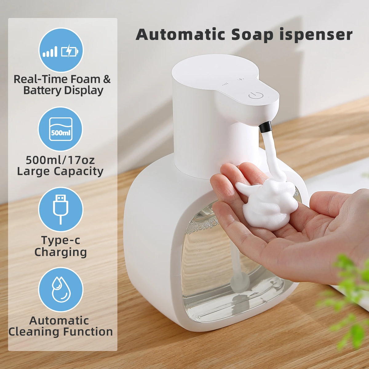 New Wall Mounted Automatic Foam Soap Dispenser Smart Hand Washing Machine 500ml Liquid Rechargeable Bathroom Induction Sensor