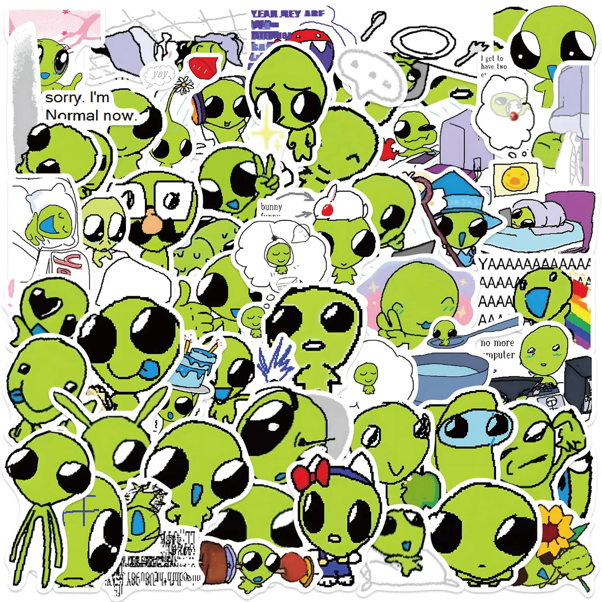 10/52 Stück grüne Alien-Aufkleber zum Selbermachen für Sammelalbum, Telefon, Gitarre, Laptop, Koffer, Wasserflasche, wasserfeste Aufkleber, Aufkleber für Kinderspielzeug