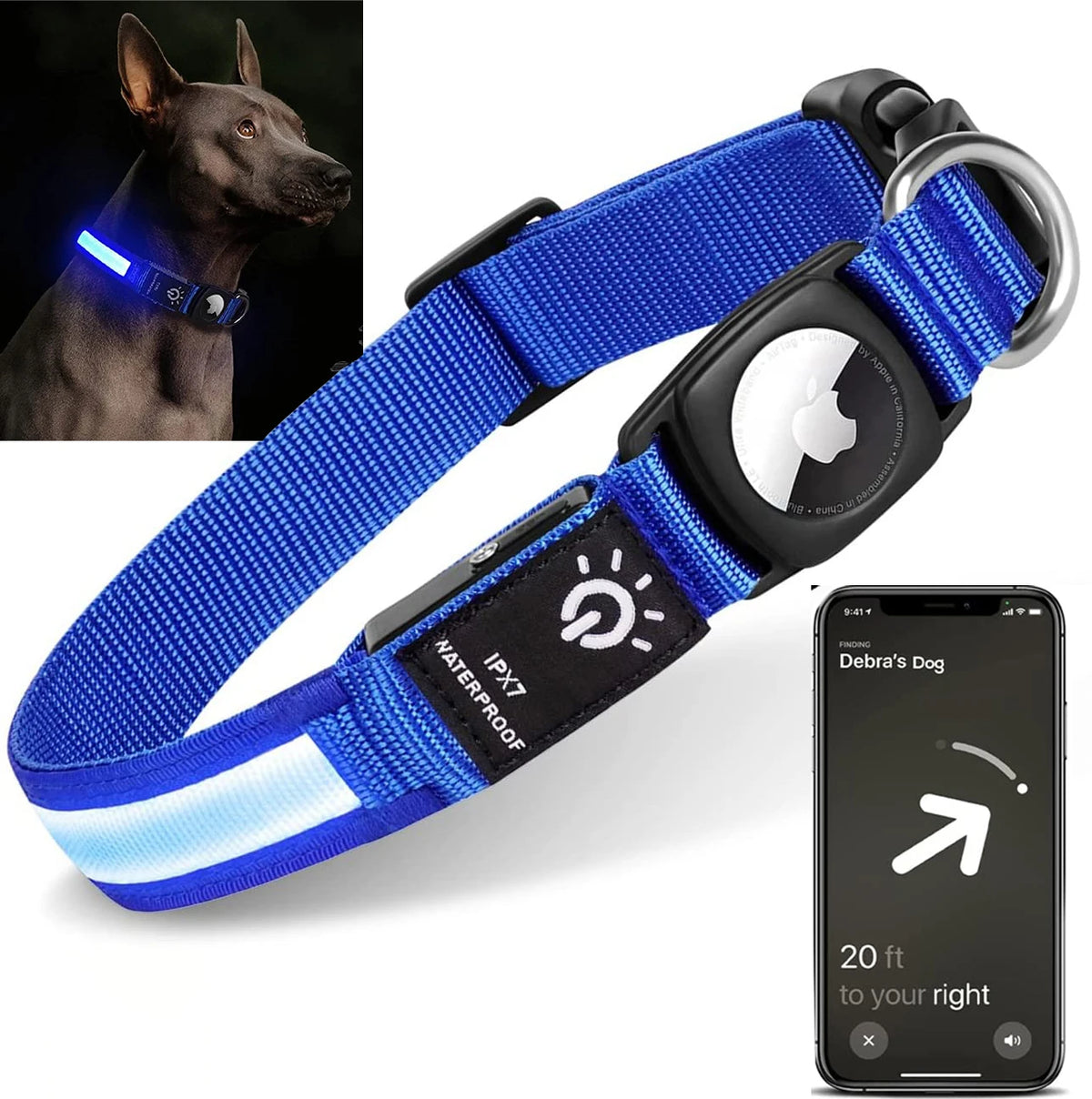 Waterproof LED Dog Collar with AirTag Holder – USB Rechargeable Light-Up Collar