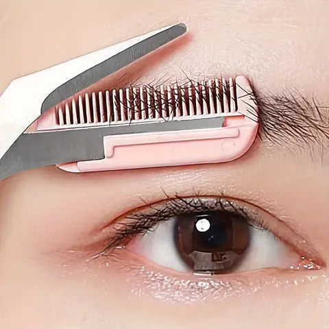 Pink eyebrow scissors with integrated comb - stainless steel, precise grooming tool for perfect eyebrows