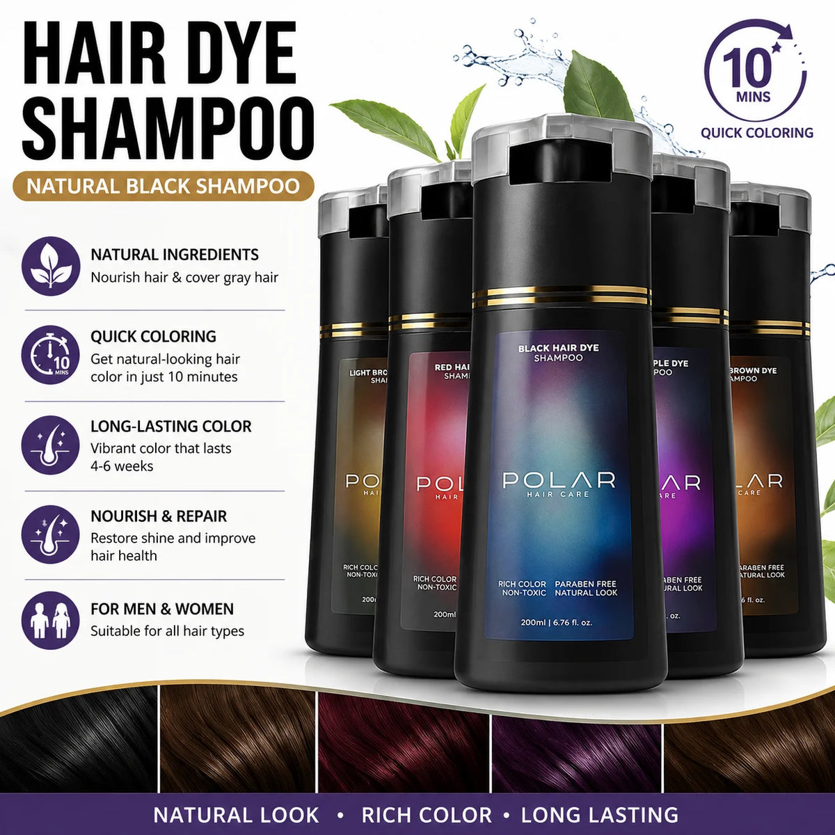 200ml Hair Dye Shampoo for Gray Hair, Natural Hair Dye Kit, Semi-Permanent Hair Dye Shampoo for Women and Men, Black, Brown, Purple