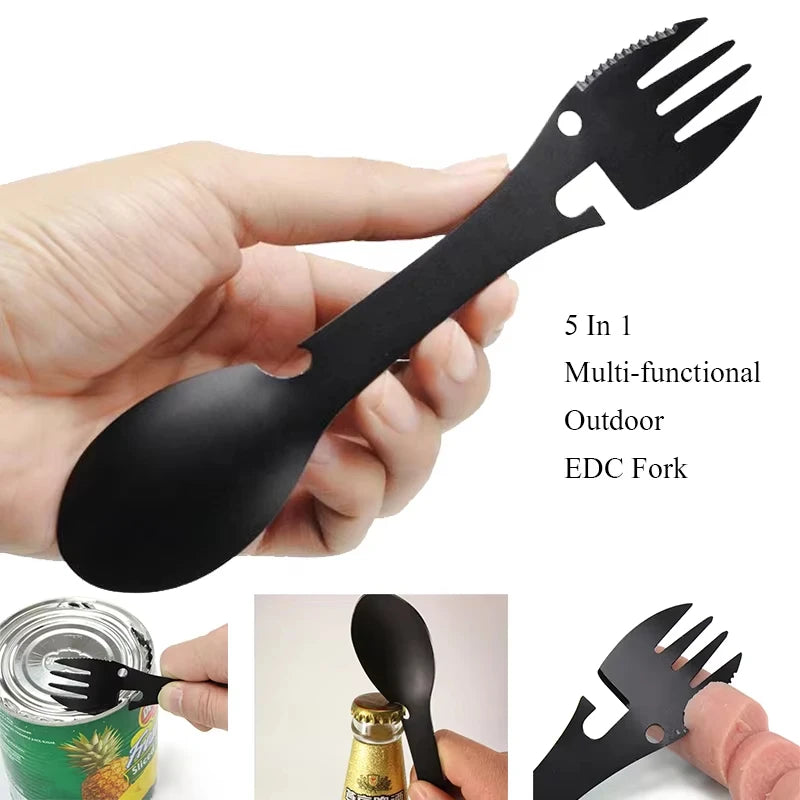 Outdoor-Überlebenswerkzeuge 5-in-1 Camping Multifunktionales EDC-Set Praktische Gabel Messer Löffel Flaschen-/Dosenöffner