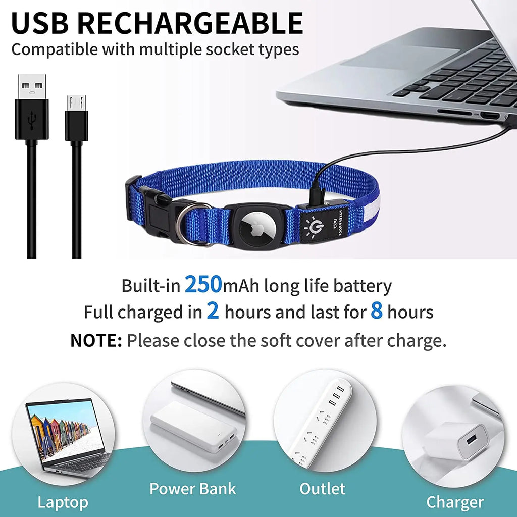 Waterproof LED Dog Collar with AirTag Holder – USB Rechargeable Light-Up Collar