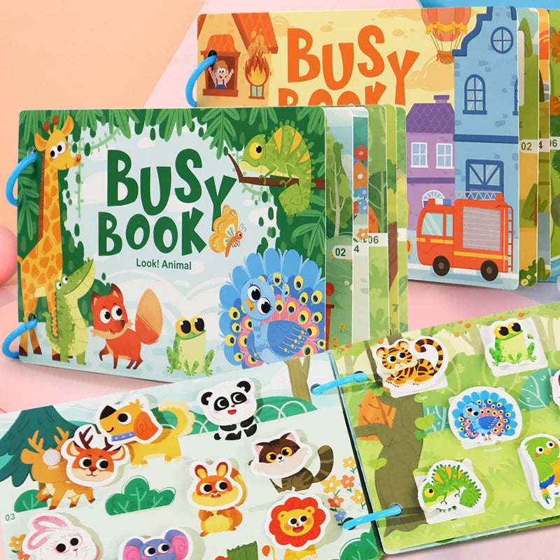Beschäftigtes Buch für Kinder, Tierfahrzeuge, Dinosaurier-Aufkleber, passende Zahlen- und Buchstabenspiele, interaktives Lernaktivitätsbuch