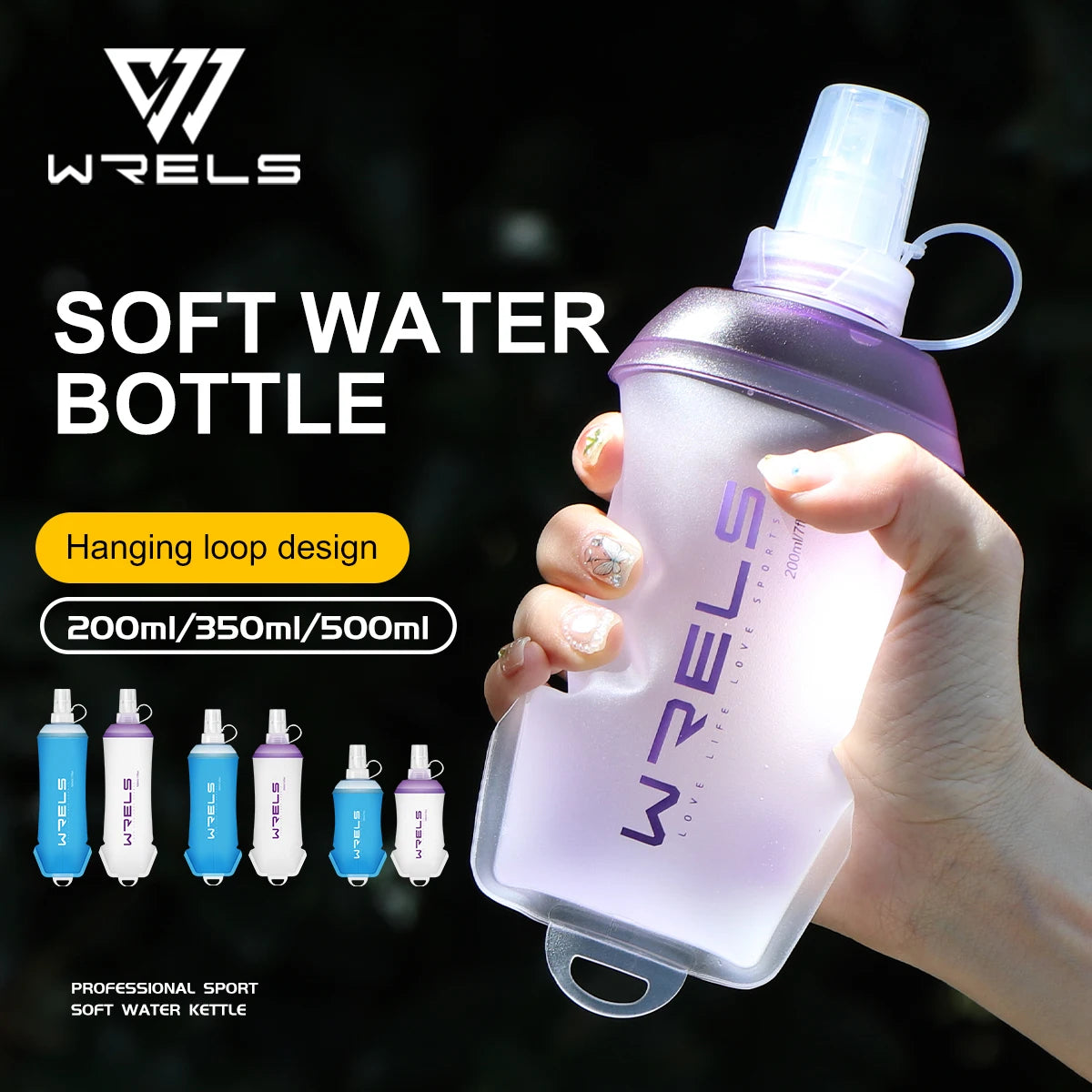 WRELS Outdoor Sports Water Bottle Camping Running Bike Soft Foldable TPU Soft Bottle Water Bag Large Diameter Lightweight BPA Free