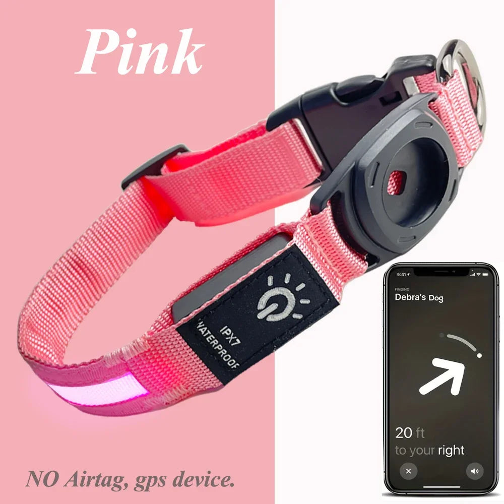 Waterproof LED Dog Collar with AirTag Holder – USB Rechargeable Light-Up Collar