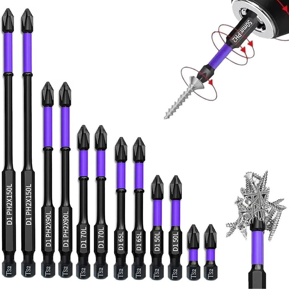 Pack of 6/12 magnetic screw driver bits, non-slip, shock-resistant, Phillips impact drill, hexagonal shank made of alloy steel, suitable for power tools
