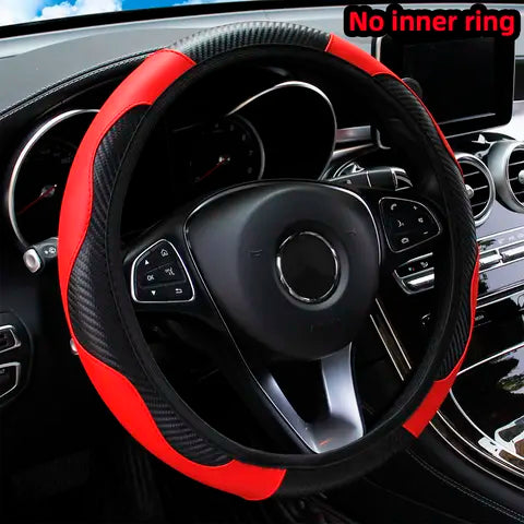 Car steering wheel cover made of PU carbon fiber leather without inner ring, suitable for 14.5-15 inch car accessories