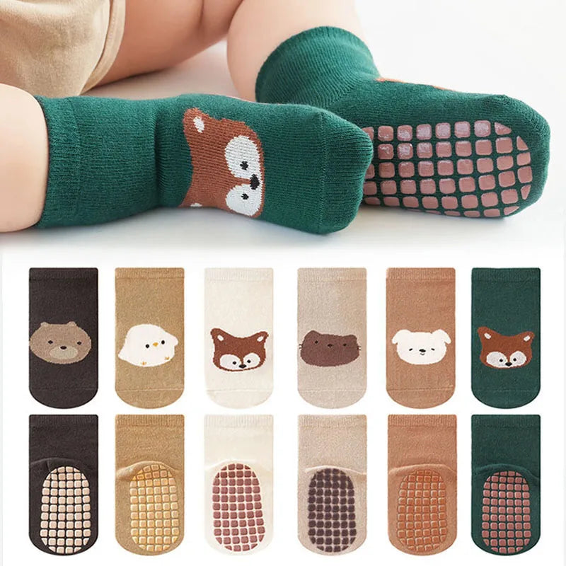 6 Pairs Cute Cartoon Fox and Bear Pattern Non-Slip Kids Socks for Kids Boys Girls Comfortable for Toddlers
