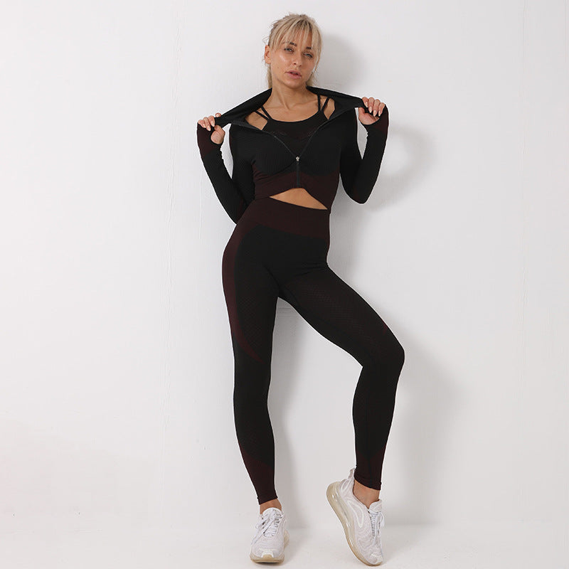 3PCS Yoga Set Seamless Sport Women Gym Clothing Leggings Crop Top Sports Bra