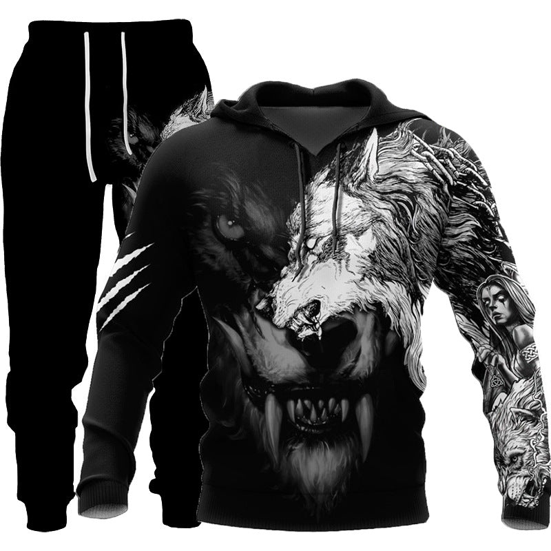 3D Wolf Print Tracksuit Men Sportswear Hooded Sweatsuit Two Piece Outdoors