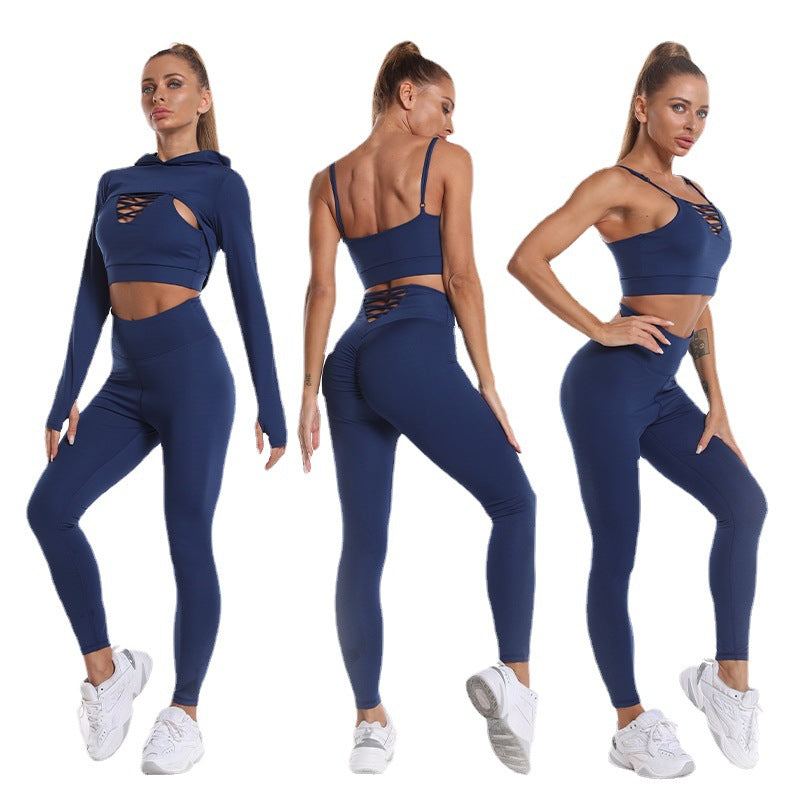 3pcs Sports Suits Long Sleeve Hooded Top Hollow Design Camisole And Butt