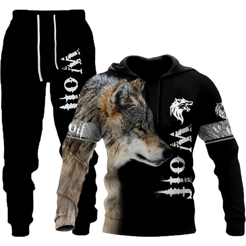 3D Wolf Print Tracksuit Men Sportswear Hooded Sweatsuit Two Piece Outdoors