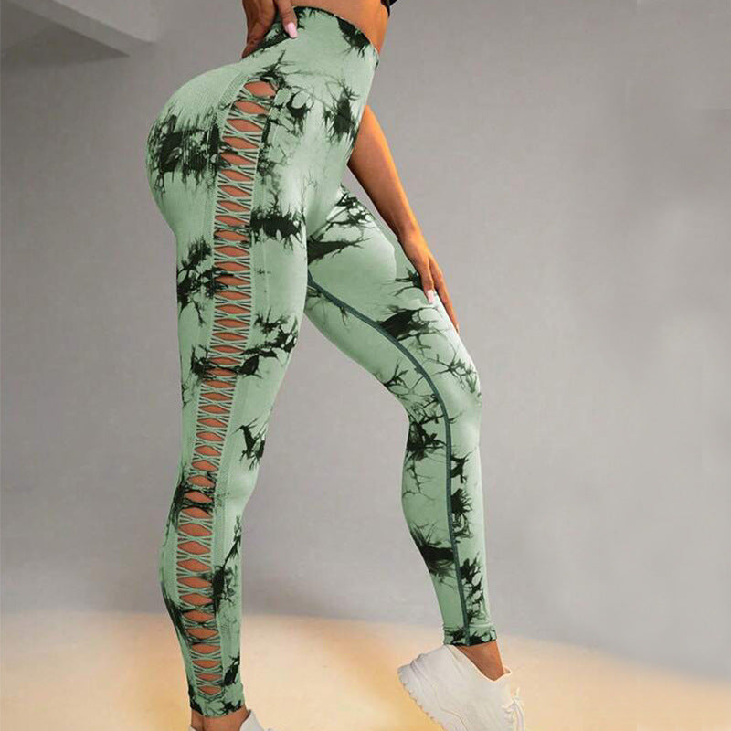Hollow Tie Dye Printed Yoga Pants High Waist Butt Lift Seamless Sports Gym