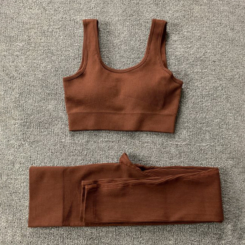 2pcs Thread Yoga Suit Seamless Bra And Butt Lifting High Waist Leggings Set For