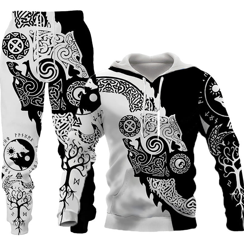3D Wolf Print Tracksuit Men Sportswear Hooded Sweatsuit Two Piece Outdoors
