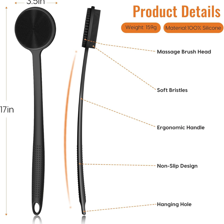 Silicone Back Scrubber With Long Handle, Double-sided Shower Body Brush