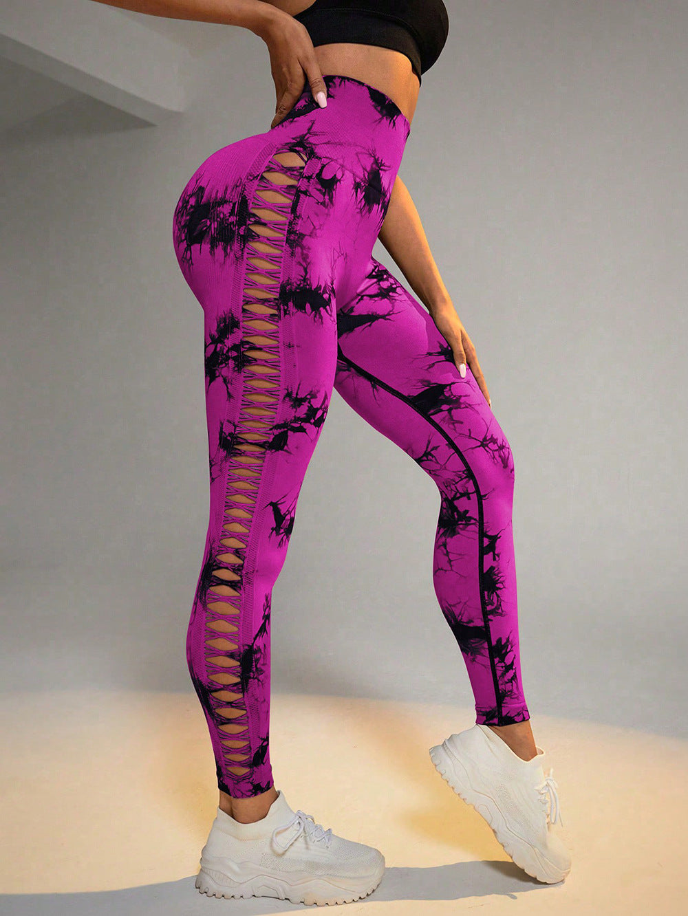 Hollow Tie Dye Printed Yoga Pants High Waist Butt Lift Seamless Sports Gym