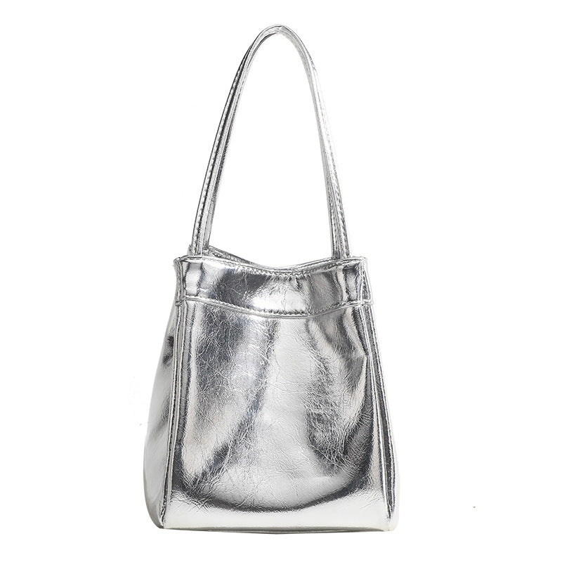 Lunch Box Bag Silver Bright Leather Portable Small Square